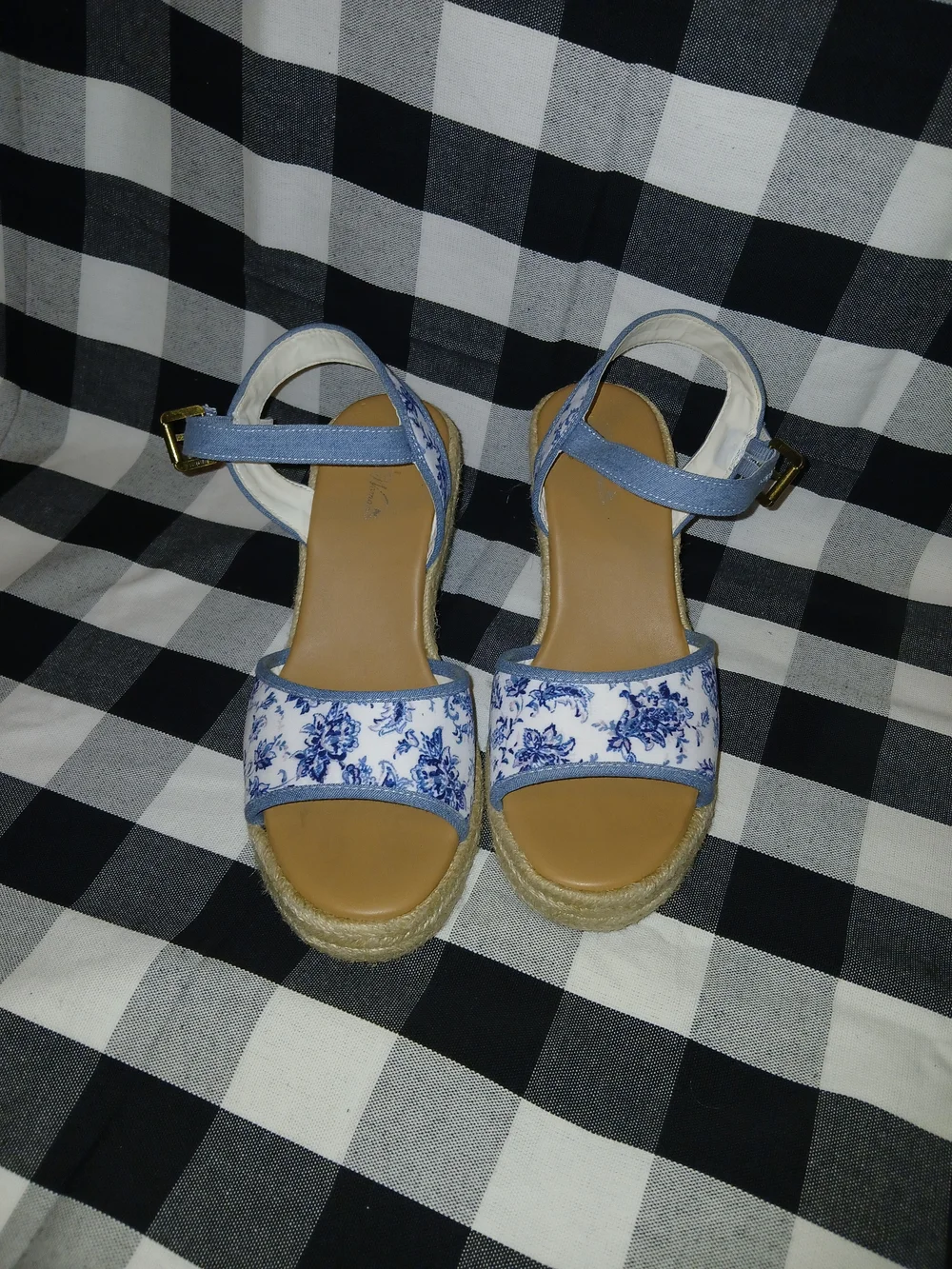 Blue Floral Espadrille Wedge Sandals - Women's Ankle Strap